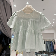 LARTI28145法式设计圆领减龄短袖衬衫女夏纯色小众气质宽松娃娃衫