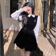 韩版娃娃领泡泡袖连衣裙，女春季2024小众设计感撞色灯芯绒短裙