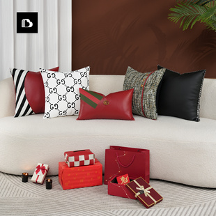 柏洛斯轻奢新年红色客厅皮沙发，组合抱枕高级感样板间靠垫套方枕