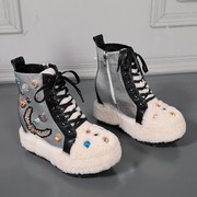 欧洲站雪地靴女2023秋季系带水钻圆头女靴，棉鞋防滑保暖短靴潮