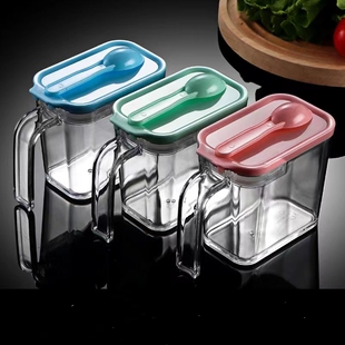 塑料加厚调味料盒套装组合家用厨房，带勺子和勺架盐罐调味料罐方形