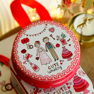 新郎新娘红色粉色马口铁，鼓形喜糖盒子铁盒，婚礼婚庆糖果盒喜糖盒