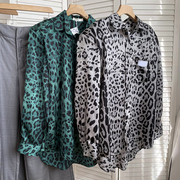 韩版翻领豹纹长袖衬衫个性，小众秋季绿色上衣，时尚休闲洋气¥15