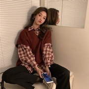 两件套装/单件简约气质女孩2022春秋款韩版宽松毛衣马甲格子衬衫