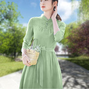 抹茶绿色新中式连衣裙女收腰显瘦春季2023浅绿色淑女气质长裙