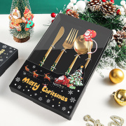 创意圣诞不锈钢餐具套装葡萄牙西餐，叉勺金色，吸管礼盒四件套装
