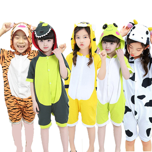 儿童节幼儿园动物演出服纯棉短袖女青蛙，牛男童连体睡衣，夏恐龙(夏恐龙)老虎