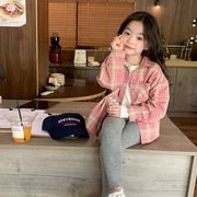 艾摩贝贝女童韩版长袖衬衣2023秋季新儿童(新儿童，)洋气粉色格子衬衫上衣s