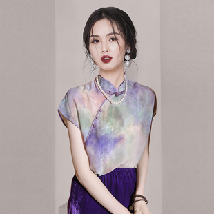 新中式渐变紫色雪纺上衣女2024夏季小众独特别致设计感衬衫