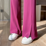 火龙果色开叉裤子女夏季薄款冰丝阔腿裤小个子高腰垂感微喇西装裤