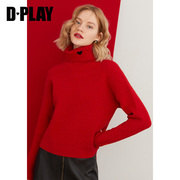 DPLAY冬新时尚优雅红色宽松短款落肩毛衣甜美少女爱心针织衫