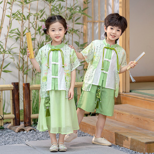 汉服儿童夏季薄款短袖套装，男童中国风古装，宝宝唐装女孩国学演出服