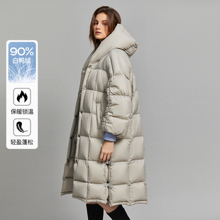 ELLE灰色90白鸭绒中长款加厚羽绒服女2023冬装气质保暖外套