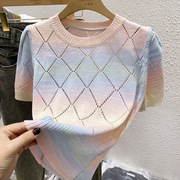 泡泡袖镂空彩色针织短袖，t恤女夏季设计感小众，圆领小香风条纹上衣