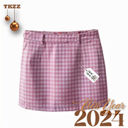 甜酷自制粉色格子，短裙半身裙包臀显腿长气质，2024温柔风小个子