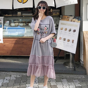 夏季韩国chic印花网纱，拼接连衣裙女宽松百搭中长款裙子学生潮