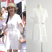 霍思燕明星同款纯白色短袖连衣裙女夏季通勤时尚龄显瘦中腰短裙子