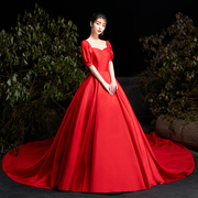 红色婚纱礼服2023主纱中式缎面，简约复古新娘，结婚拖尾女小个子