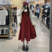 圣诞红色连衣裙女秋冬高级感小个子中长款灯芯绒背心裙子两件套装