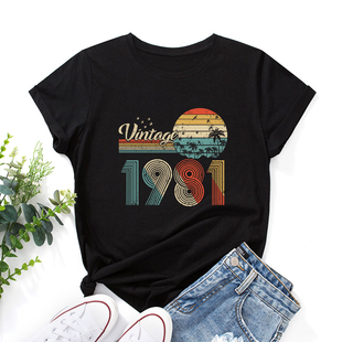 欧美女装Women T-shirt纯棉宽松薄款短袖圆领t恤女1981风景印花