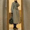 灰色呢子大衣女中长款秋冬季法式赫本风复古系带收腰毛呢外套
