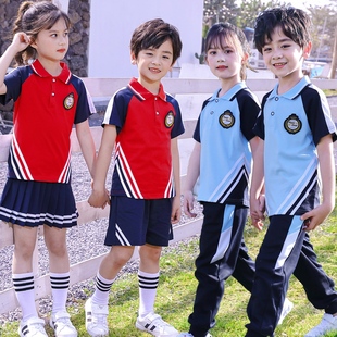 小学生校服夏装拼接短袖长裤，儿童运动班服套装夏天蓝色幼儿园园服
