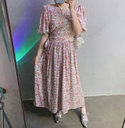!韩国东大门2023夏季女装v领小碎花，系带短袖雪纺连衣裙