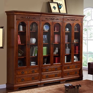 美式实木书柜书房书橱复古书架带转角，落地收纳储物柜欧式组合书柜