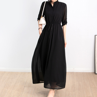 黑色雪纺连衣裙女夏季收腰显瘦高级感法式度假风纯色及踝气质长裙