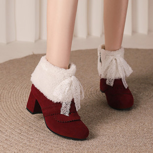 冬季汉服中华可爱雪地靴高跟，毛绒面(毛绒面，)复古英伦风lolita雕花短靴保暖