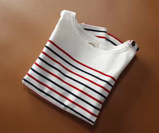 设计师感法式经典针织纯棉，条纹红白蓝海魂衫，t恤女长袖柔软打底衫