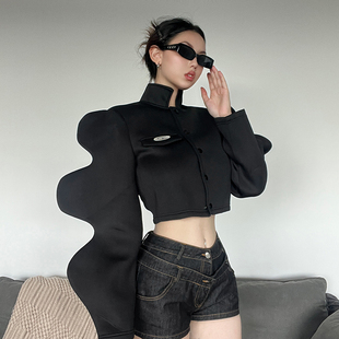 KLalien 小众设计师款波浪袖黑色酷飒风上衣女高街辣妹个性短外套