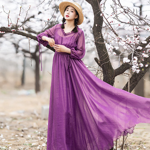 紫薇若青烫金雪纺连衣裙，女夏季气质v领长裙，紫色裙子
