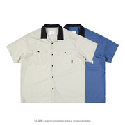 古巴领夏季克莱因蓝拼色日式复古衬衫短袖双口袋，半截袖男衬衣寸衫