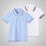 儿童polo衫浅蓝色条纹领短袖t恤中小学生校服夏季男女童白色薄款