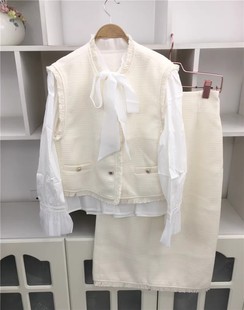 春时尚气质三件套蝴蝶结系带子白衬衫+小香风西装外套马夹+中长裙
