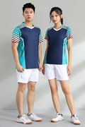 羽毛球服套装男款V领短袖上衣乒乓球网球运动女款T恤短裤套装
