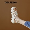 tataperko联名女鞋白色厚底，松糕凉鞋女夏露趾后空高跟罗马鞋子女