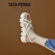 tataperko联名女鞋白色厚底松糕凉鞋，女夏露趾后空高跟罗马鞋子女
