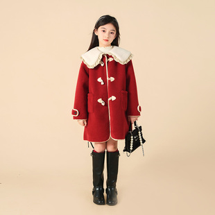 女童新年红色大衣呢子外套秋冬毛呢冬季冬装儿童女孩套装大童