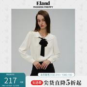 Eland衣恋纯色衬衫女甜美翻领花边蝴蝶结长袖上衣春秋款