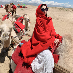 艾尤西藏旅游穿搭拍照红色斗篷披肩，外套女民族风连帽保暖围巾女