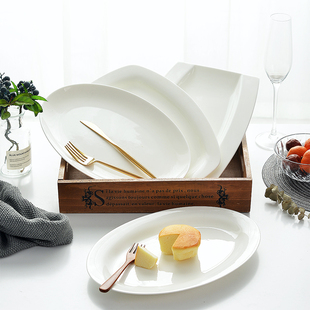 创意日式深鱼盘家用蒸鱼盘子长方形陶瓷碟子纯白骨瓷大号盘子餐具
