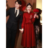 新中式旗袍敬酒服新娘红色，两件套春季长袖，回门连衣裙套装订婚礼服
