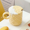 陶瓷水杯可爱马克杯情侣杯子女生创意设计感早餐杯带盖带勺子家用