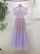 紫色小香风刺绣连衣裙女夏季高级感轻奢气质优雅收腰显瘦网纱裙子