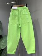 少女绿色高腰显瘦小脚老爹牛仔九分裤夏季设计感小个子萝卜裤