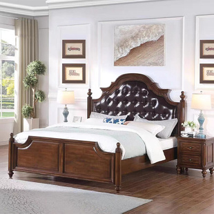 美式全实木真皮床主卧别墅双人大床1.5米1.8米婚床欧式复古高档床