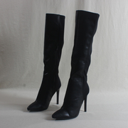 欧美时装靴高跟长靴女冬季性感优雅黑色侧拉链细跟尖头高筒瘦瘦靴