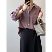 天丝衬衫女2023秋季韩版长袖复古设计感宽松翻领衬衣
